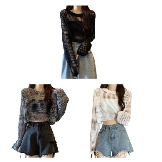 Damen Oberteile Unifarben Lockerer Schnitt Hohlmuster Pullover Oberteile Reine Farbe Sommer Dünne Oberteile Sonnenschutz Kurzes Überwurf-Oberteil