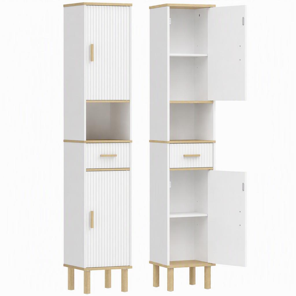 Bathroom Column Cabinet, 2 Doors, Drawer, Open Compartment, White
