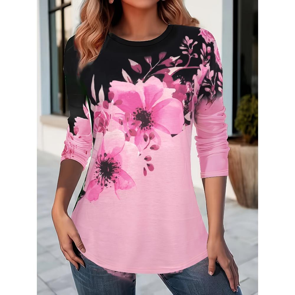 Vibrant Floral Crew Neck Long Sleeve T-Shirt Fashion Pattern Women Clothing Casual Y2k Clothes