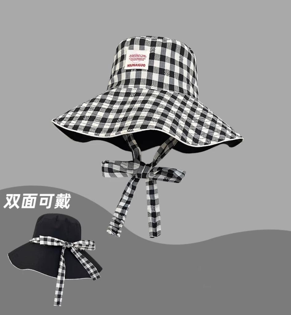 Sweet Plaid Strappy Bucket Hat Korean Version Ins Big Brim Sun Hat Children Fresh and Versatile Double-sided Can Be Worn