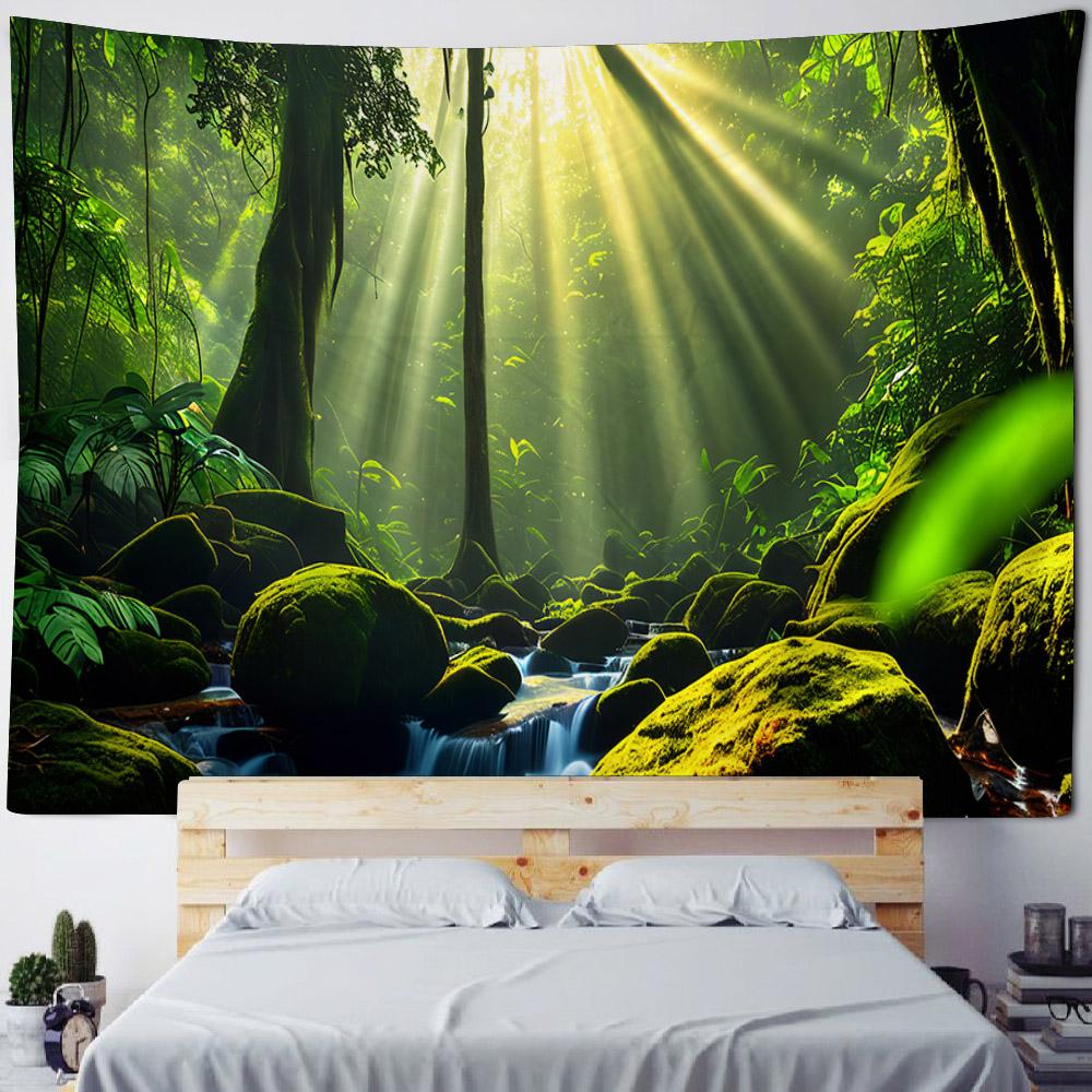 Tropical Rainforest Tapestry with Flowers & Birds Green Natural Landscape Wall Hanging Background Poster for Home Decoration