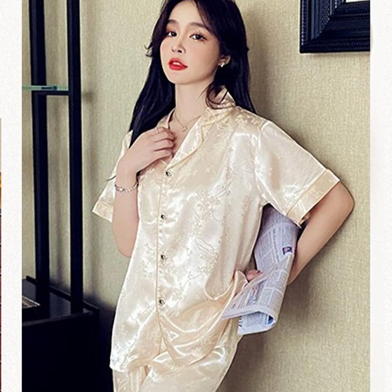 Light Luxury Summer Popular Ice Silk Thin Short-Sleeved Trousers Floral High-End Loungewear Set