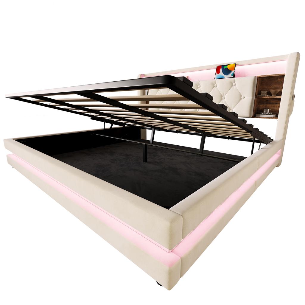 Letto imbottito con contenitore 180 × 200 cm, Letto in velluto con testiera multifunzionale, Illuminazione a LED, 2 Porte USB e Type-C, Idraulico, Beige