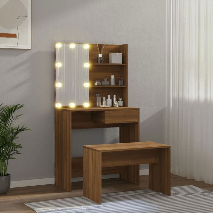 VidaXL Ensemble de Coiffeuse avec LED Table Cosmétique Coiffeuse de Maquillage Table à Bijoux Chambre à Coucher Chêne Marron 3114114