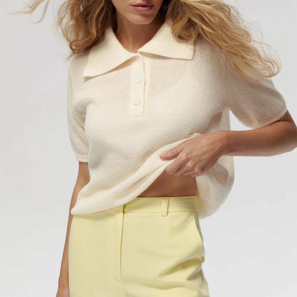 

Женский трикотажный свитер-поло с рукавами-буфами, весна/лето 2025 Extra Extra Large чёрный