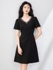V-Neck Rhinestone Short Sleeve Dress - French Style, High-Quality Women's Summer Fashion