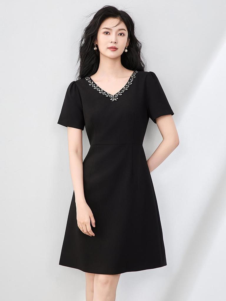 V-Neck Rhinestone Short Sleeve Dress - French Style, High-Quality Women's Summer Fashion