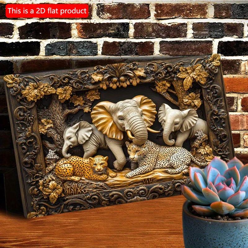 2D Flat Wooden Sign 30*20cm Vintage Elephant & Leopard Jungle Scene Wooden Wall Art, Decorative Sign for Home, Office, or Outdoor Decor, Perfect Room