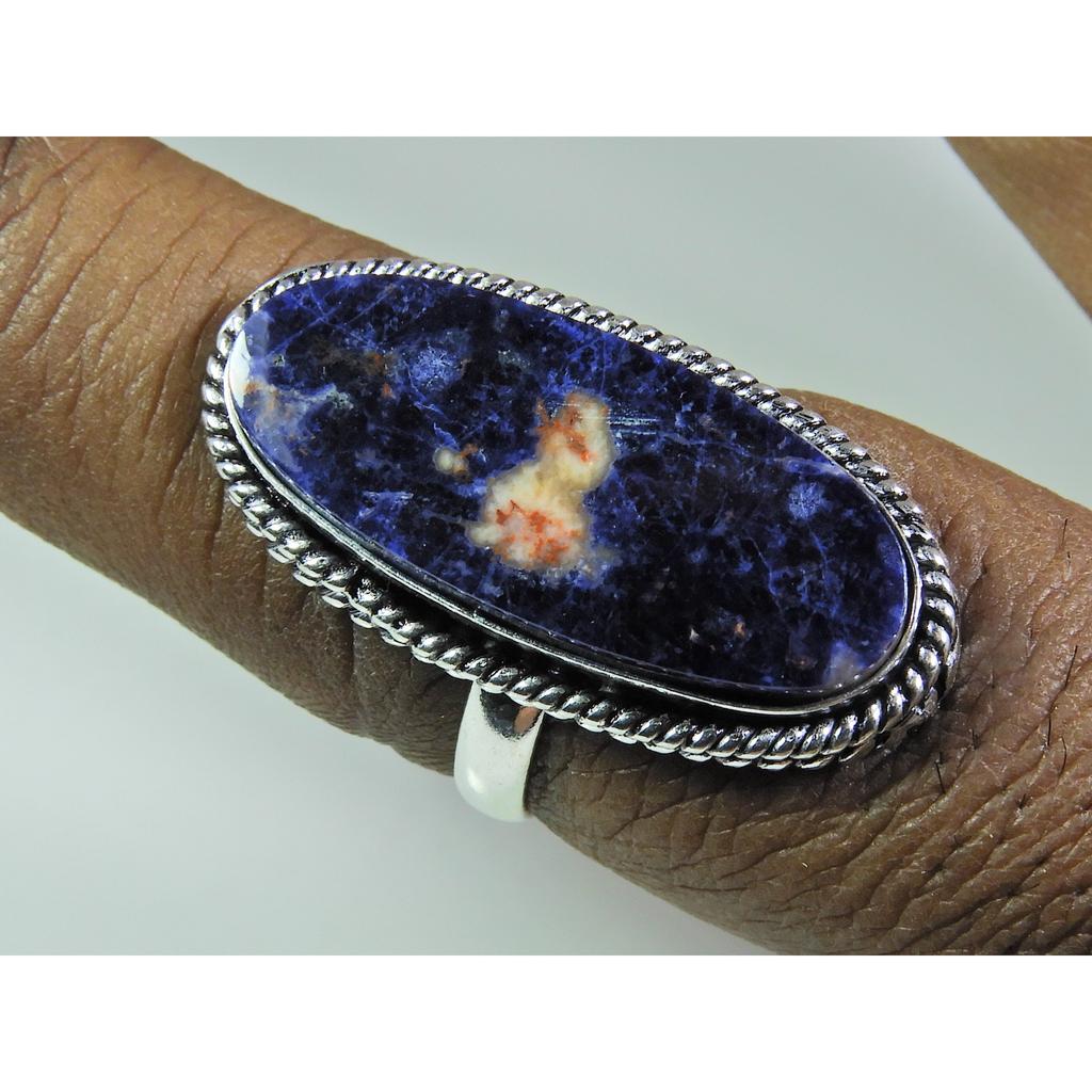 Natural Blue Sodalite 925 Solid Sterling Silver Ring Size US-9 PG-148