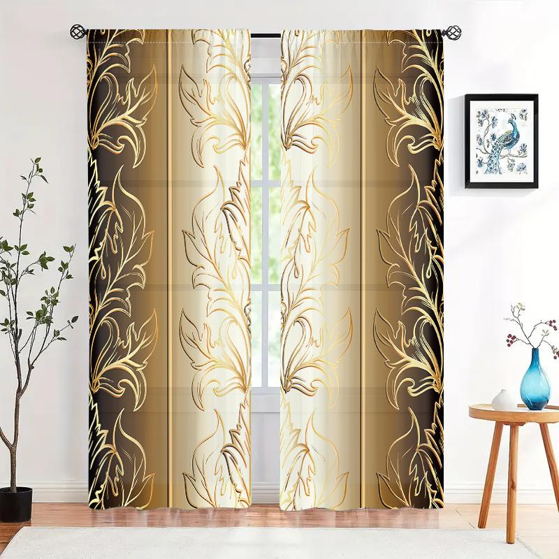 2 stk., gullfargede gardiner med nordisk bladtrykk - semi-mørkleggende - egnet for stue, soverom, kjøkken, hjemmedekorasjon