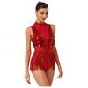 Womens Latin Dance Leotard Sequin Tassel Design Sleeveless Back Cutout Metallic Shiny Patchwork Bodysuit