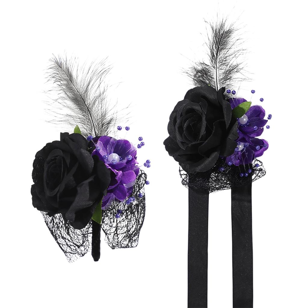Black Feather Rose Corsage & Wrist Flower Set 2pcs Wedding Halloween Party Faux Floral Accessories