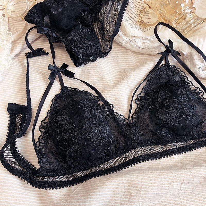 New French Thin Strap Lace Underwear Women's Suit, Thin Small Triangular Cup, No Steel Ring, No Trace, Breathable Bra Cover
