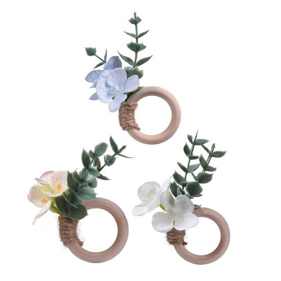 6Pcs Boho Napkin Rings Fabric Flower Faux Eucalyptus Leaf Napkin Holders Rustic Wooden Napkin Rings for Wedding Bridal Shower Dining Table Decor