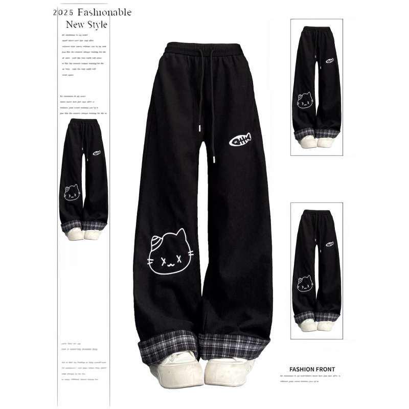 Women s Cartoon Cat Print Plaid Turn-Up Winter Casual Pants, Plus Velvet, 2026. 2XL