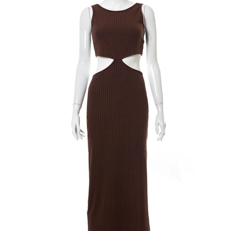 European and American Summer New Women's Solid Color Sleeveless Hollow Out Temperament High Waisted Side Opening Dress