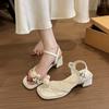 One word belt summer new square head high heels women's 2025 thick heel pearl outer wear black temperament low heel sandals