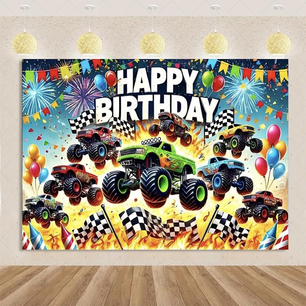 Monster Truck Themed Birthday Party Decorations, Backdrop for Boys, Cool Race Cars, Surprise Banner49