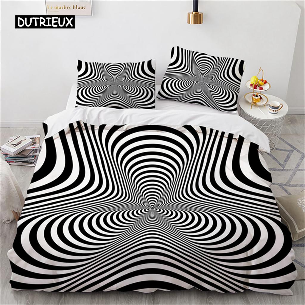Duvet Cover Psychedelic Spiral Swirl Quilt Cover Abstract Art Black White Geometric Checkered Bedding Set for Bedroom Decoration