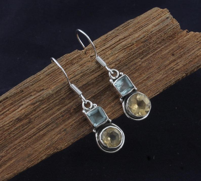 Blaue Topas & Citrin Edelstein Ohrringe, Massive 925 Sterling Silber Ohrringe, Geburtsstein Schmuck Geschenk für Mama