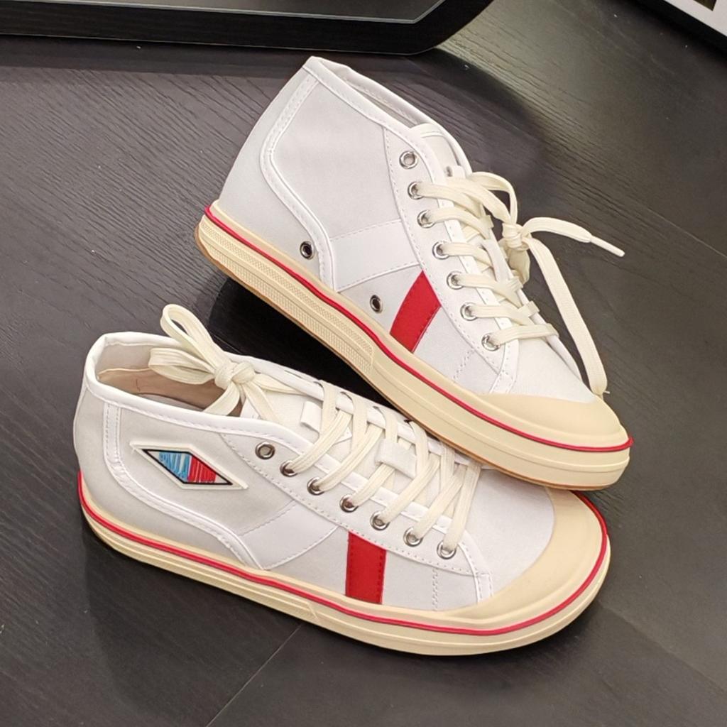 2025 spring and summer new leather color matching high-top canvas shoes women's retro versatile board shoes casual sports couples shoes tide