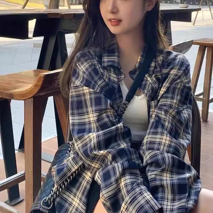 

2024 Korean Retro Plaid Long Sleeve Loose Women s Cardigan Blouse: Spring/Autumn Sweet Lazy Style Large темно-синий