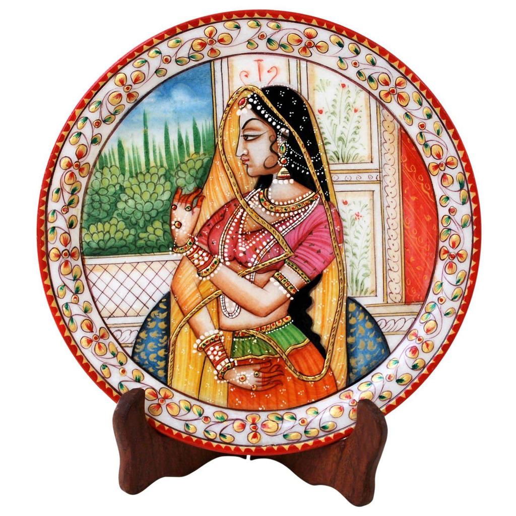 Paradise Lady Figure Painted Round Shape Marble Showpiece Plate with Stand (22.95 cm x 1.3 cm x 22.95 cm)