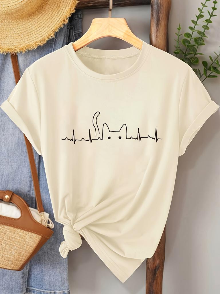 Women's Cute Cat T-Shirt White Top with Minimalist Black Line Art Casual Shirt for Women Perfect Gift for Cat Lovers Cat Shirt