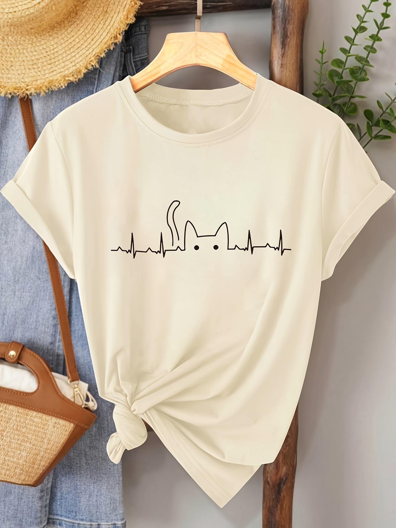 

Women s Cute Cat T-Shirt White Top with Minimalist Black Line Art Casual Shirt for Women Perfect Gift for Cat Lovers Cat Shirt L