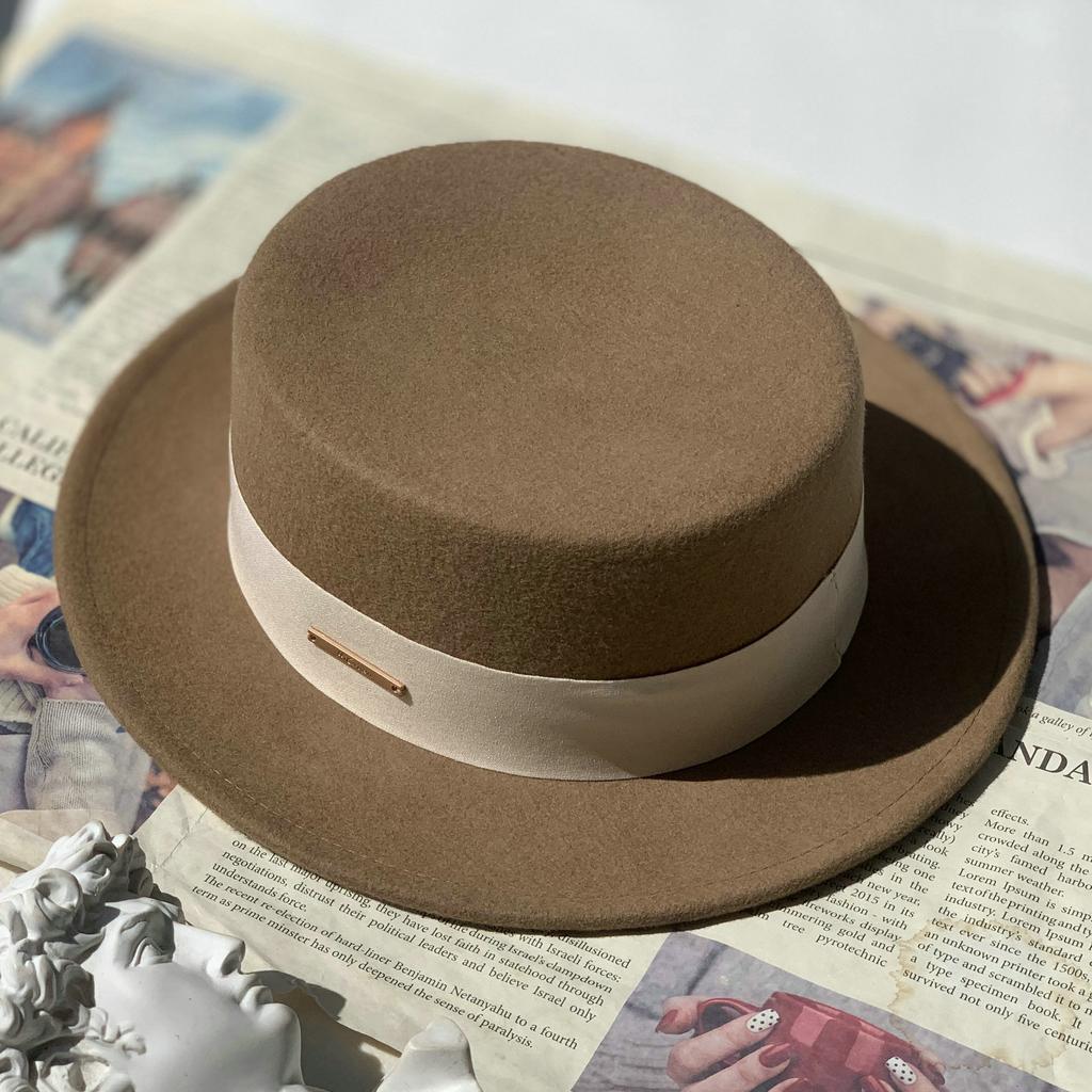 % Wool French Autumn and Winter Flat Top Top Hat Women's Flat Edge Small Edge British Big Head Circumference Men's Versatile Camel Black