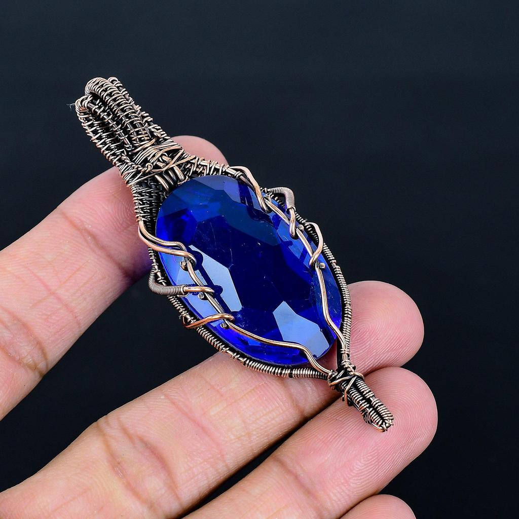 Blue Sapphire Pendant, Handmade Gemstone Pendant, 999 Copper Wire Wrapped Pendant Antique Jewelry, For Engagement Gift