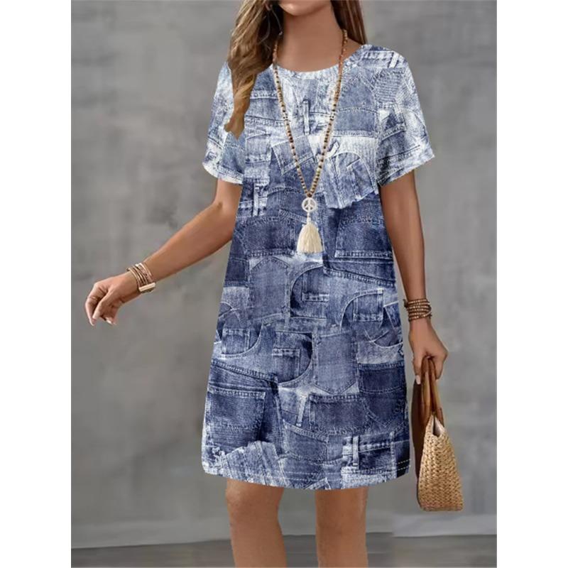 Women Dress Vintage Denim Blue Print Design Sense Fashion New Summer Elegant Casual Short Sleeve Dress Loose Women A-Line Dress