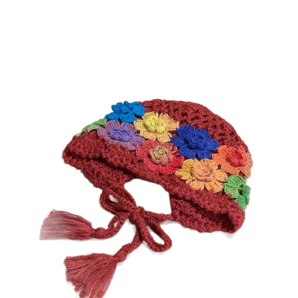 New Autumn and Winter Colorful Hand Crocheted Literary Knitted Hat for Women Ethnic Style Sweet and Versatile Double Layer Cotton Toe Cap