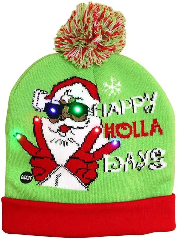 Colorful Dazzling LED Christmas Hat Holiday Pompom Ball Knitted Winter Beanie for Adults and Children Festive Party Hat