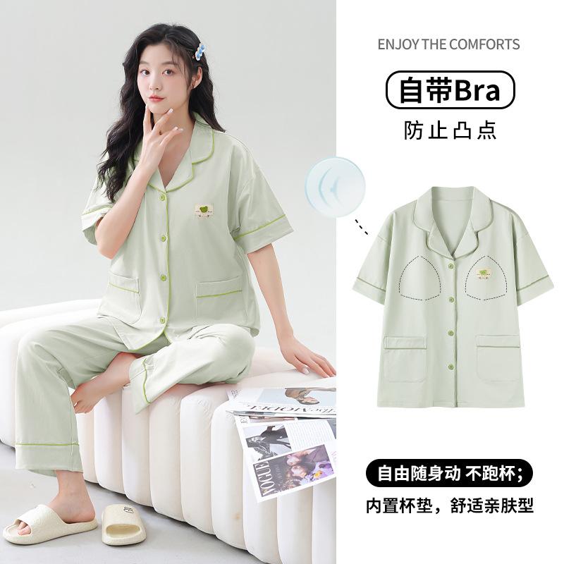Summer women's pajamas with chest pads 1011 new pure cotton can be worn outside cardigan lapel summer simple home clothes