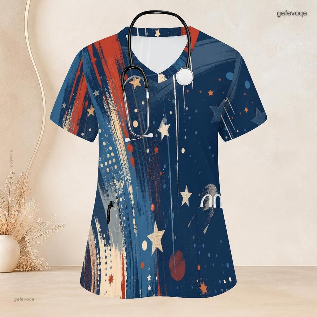 Women Plus Size Star Printed Nurse Scrub Top V Neck Short Sleeve With Front Pockets