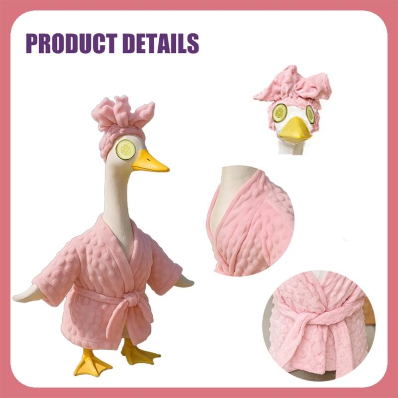 3Pcs Porch Outfit Statue Clothes Plush Pink Bathrobe with Spa Headwrap Cucumber Eyes Funny Outdoor Decoration
