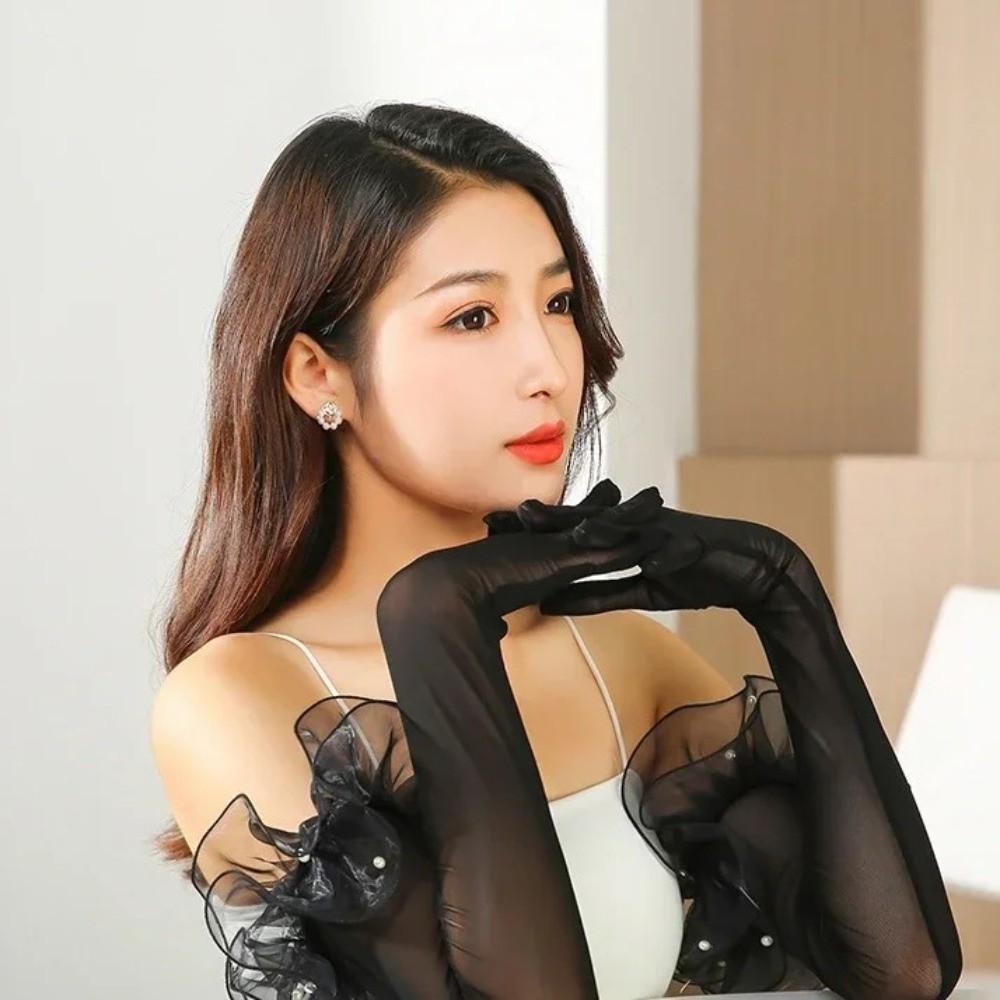 Wedding Dress Solid Lace Sleeves Gloves Elastic Bridal Mesh Gloves Women Long Mittens  Christmas