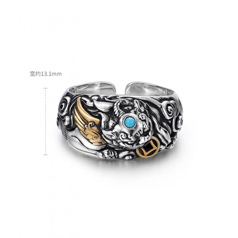 Mens Vintage Adjustable Open Ring With Pixiu Motif Sterling Retro Style Unisex Statement Jewelry