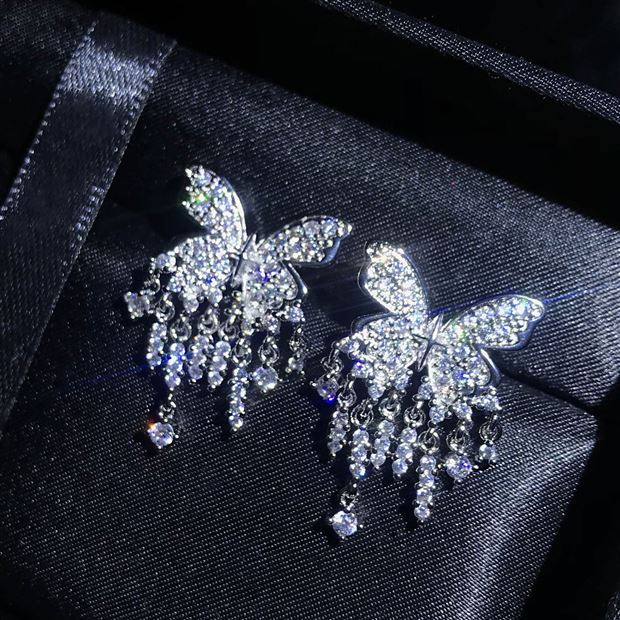 Zircon butterfly fringed earrings exquisite temperament versatile stud earrings niche fashion high sense earrings women