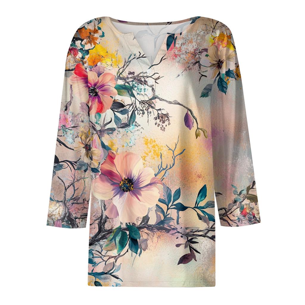 Women's Loose Casual Flower Print Seven Quarter Sleeved V-Neck Top Seven Quarter Sleeved V-Neck Top