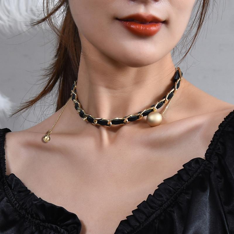 Unique Handmade Black Woven Chain Necklace With Elegant Pearl Details Perfect For Every Occasion