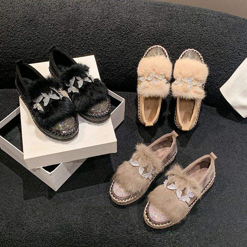 Tjockbottnade fluffiga skor för damer, nya vintermodeller 2025, enpedals loafers bomullsskor, strass sammet muffin Doudou-skor