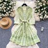 French retro fashionable suit collar five-quarter sleeve strap waist printed dress women's summer thin single-breasted short skirt