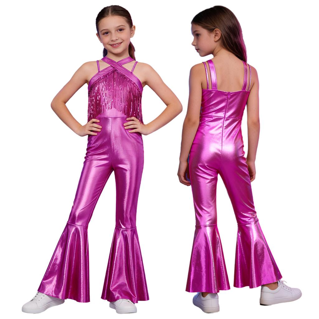 Metaliczny Kostium Body do Tańca Disco dla Dzieci: Bezrękawnikowy kombinezon z cekinami i frędzlami, z tyłu na niewidoczny zamek błyskawiczny i rozszerzanymi nogawkami