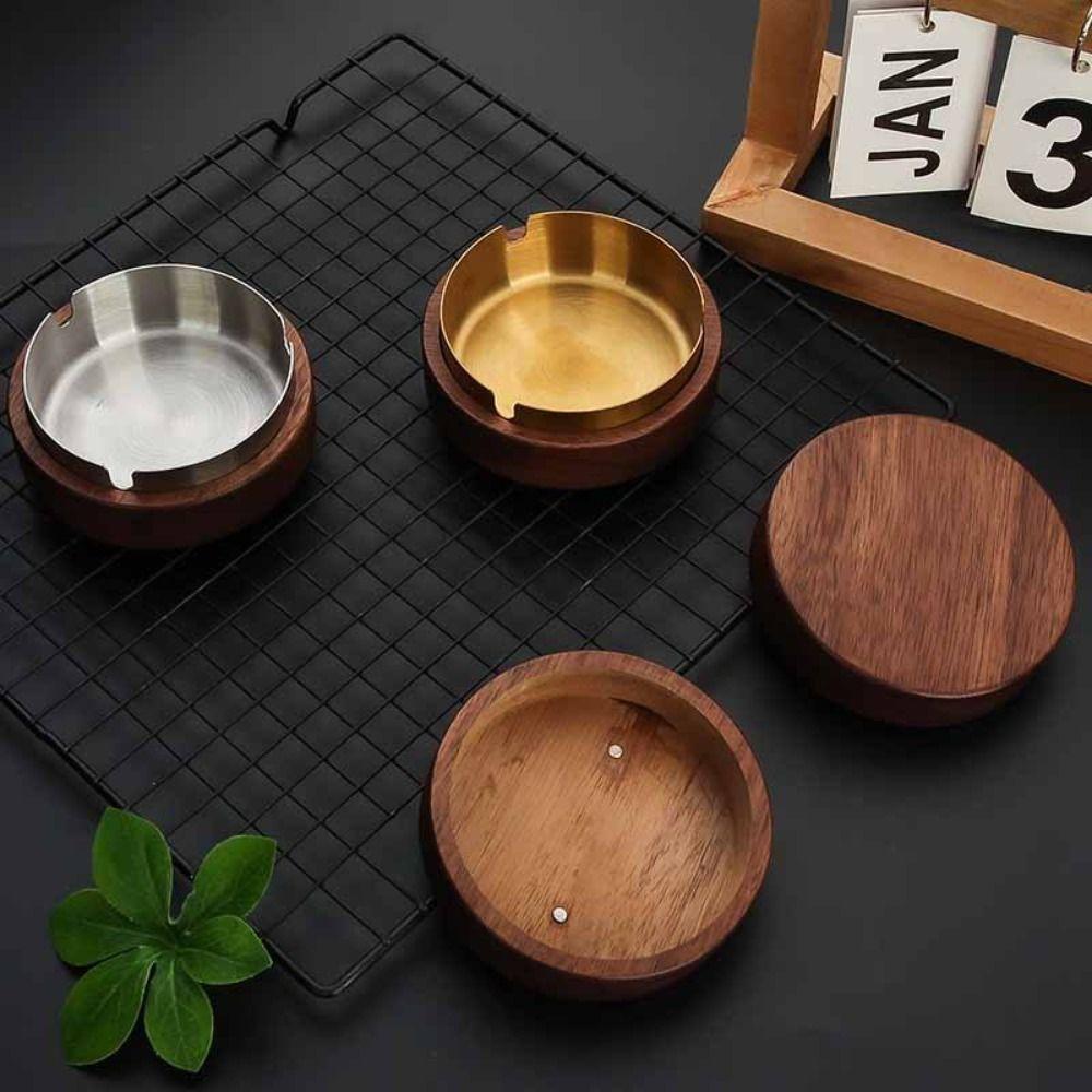 Simple Wood Wooden Ashtray Stainless Steel Liner With Lid Windproof Ashtray Ashtray With Lid Desk Accessories