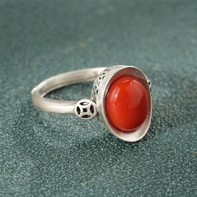 Adjustable Copper Ring With Red Agate Inlay Vintage Chinese Style Boho Jewelry Women Men
