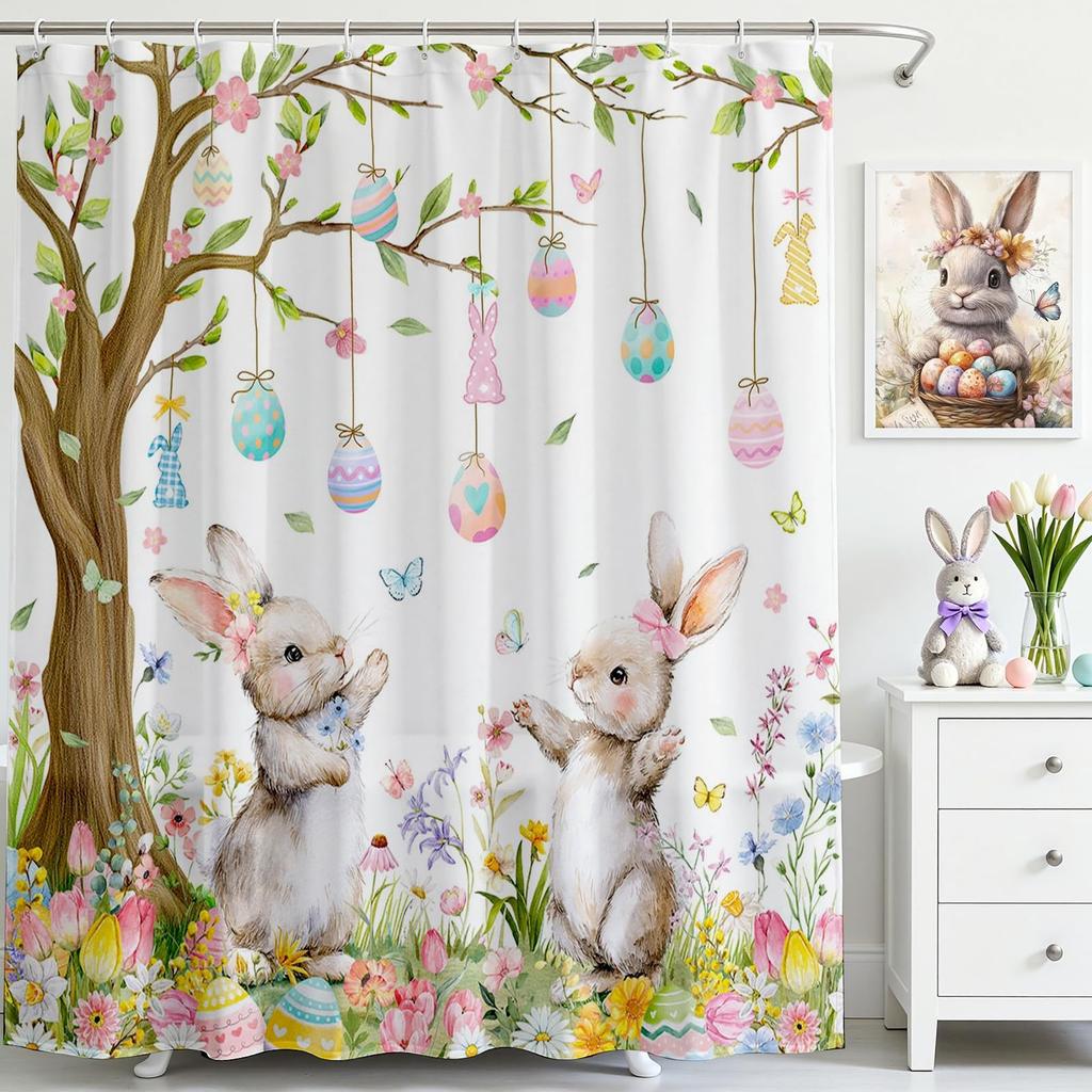 Easter Bunny Floral Tree Shower Curtain Machine Washable All Season Waterproof Privacy Protection 2D Print Spring Design Cute