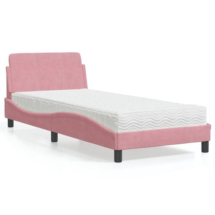 VidaXL Bed with Pink Mattress 90x200 Cm Velvet, Bedroom Furniture, Single Bed, Curved Bed Frame, Slatted Base, Velvet Bed 3208336