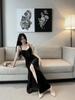 Elegant Velvet Bowknot Patchwork Camisole Dress - Slim Fit, High Slit, Hip-Hugging, Formal Long Gown